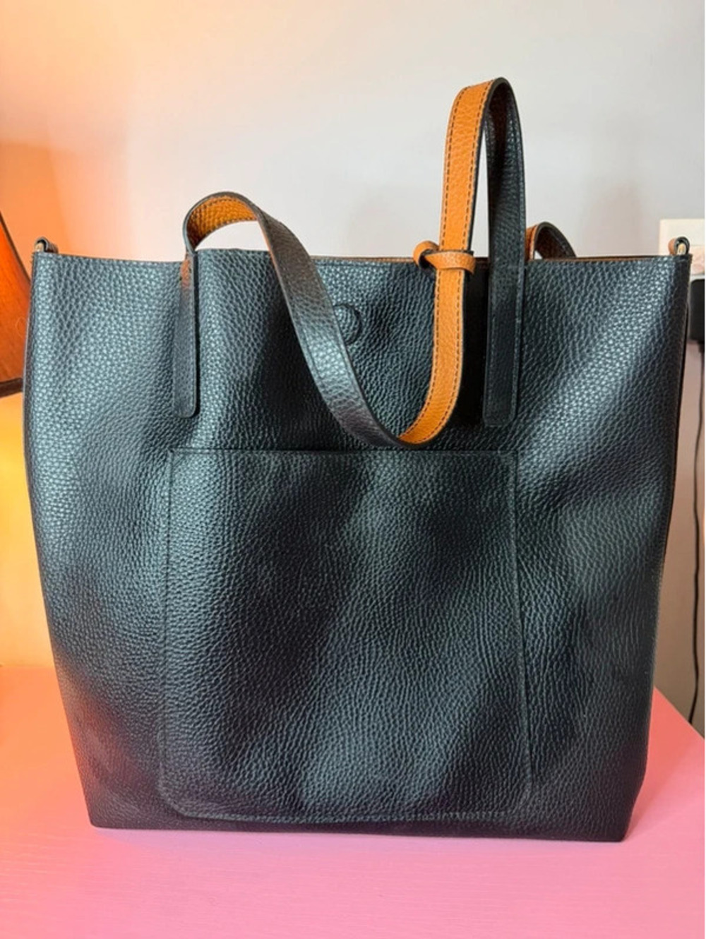 Black & Tan Pebbled Large Tote Bag purse w/ Removable Zip Pouch
